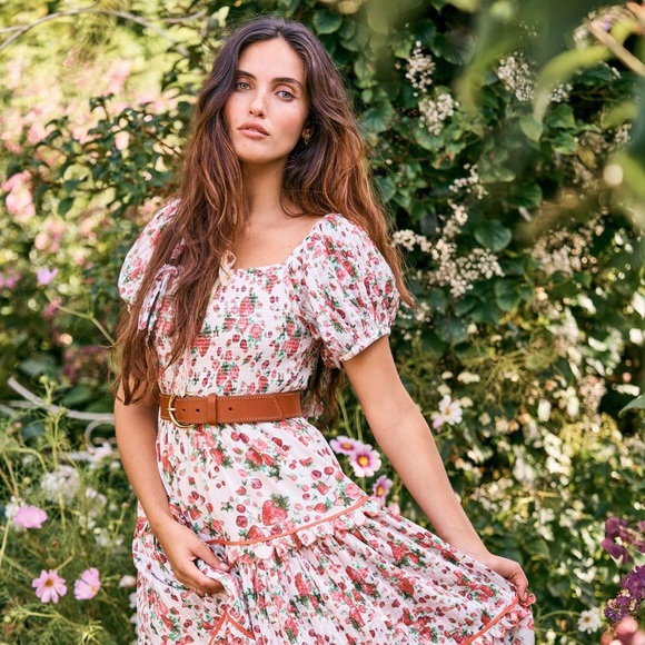 LoveShackFancy Masie Printed Cotton Voile Tiered Midi Dress Cloudy Poprocks - Picture 2 of 8